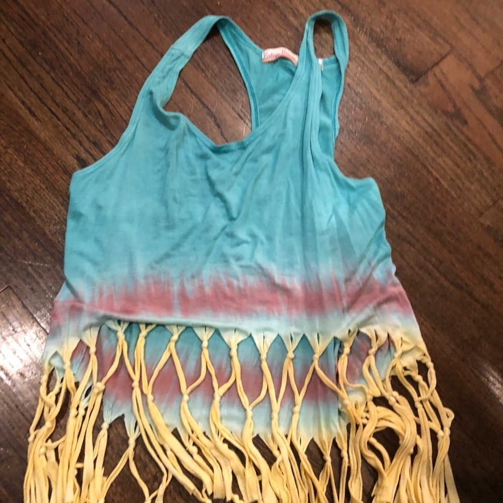 Adorable vintage Havana fringed crop size L top 💚💛💙